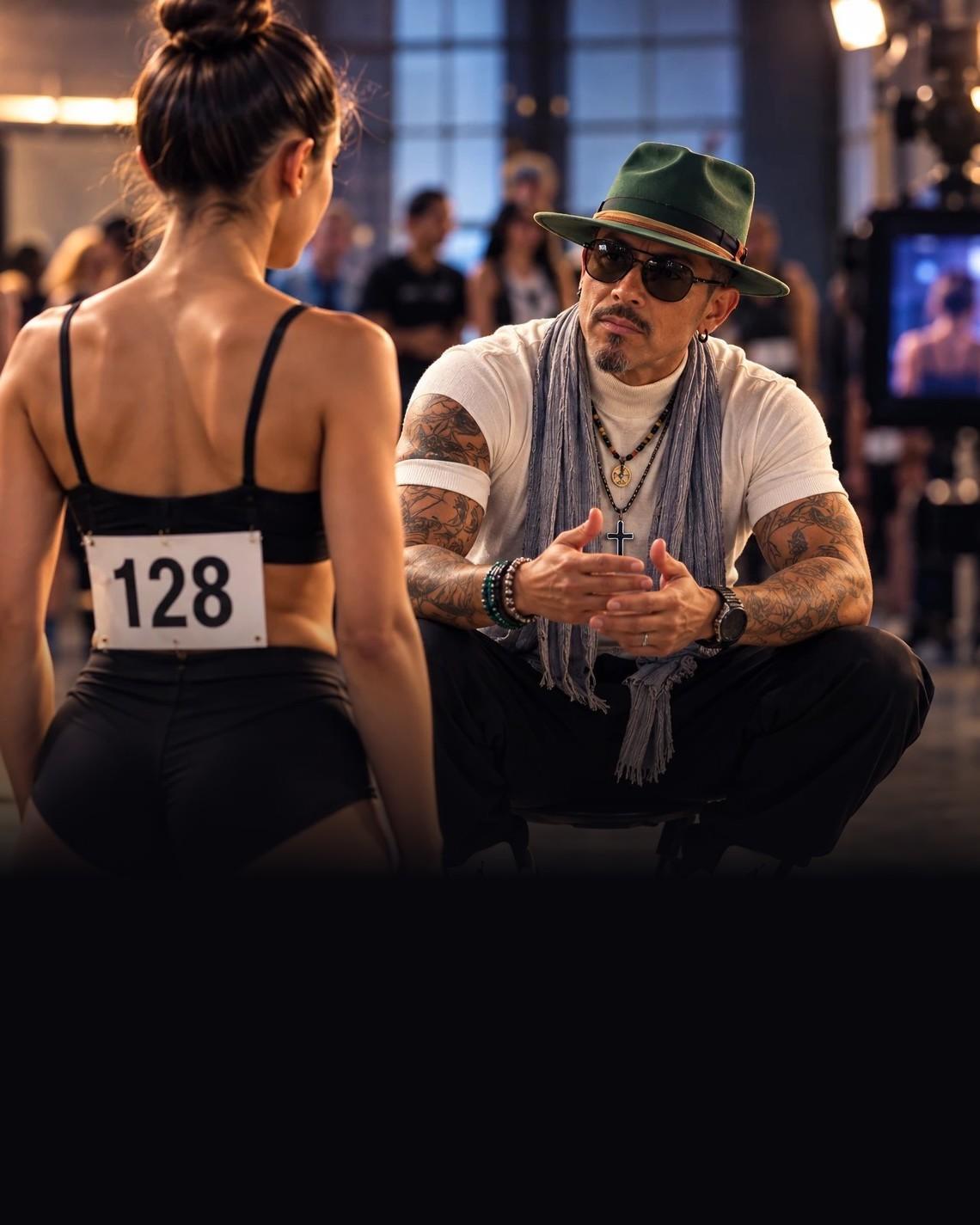 J.J. Villar crouched at an audition, coaching a dancer wearing number 128