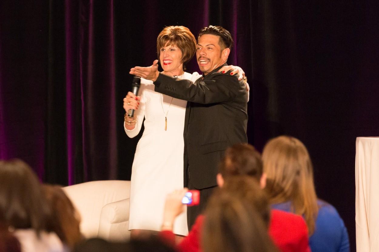 J.J. Villar on stage with Joan Burge at the Office Dynamics Conference for Administrative Excellence