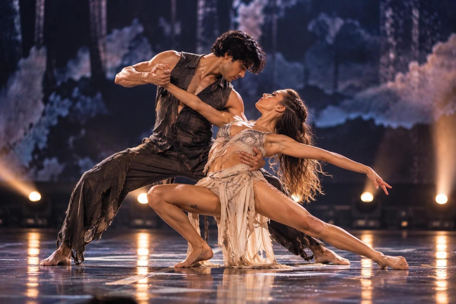 Two dancers in a dramatic partnered lift on stage