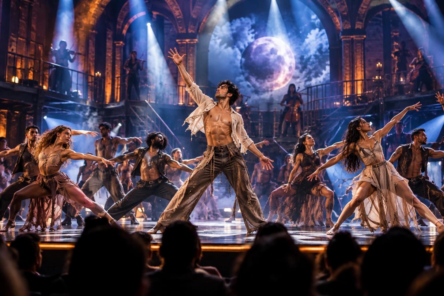 A dancer leading a full cast on a big theatrical stage