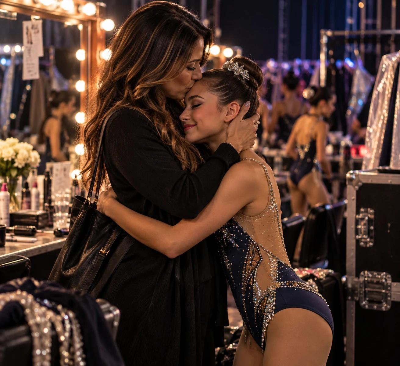A parent hugging her daughter backstage before a performance