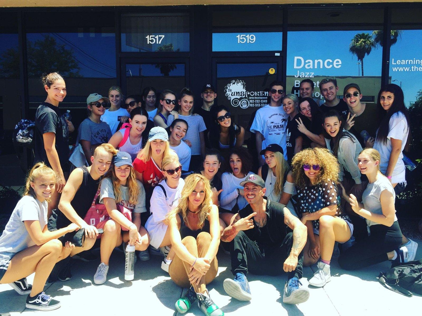 J.J. Villar with a big group of summer intensive dancers outside a Las Vegas studio