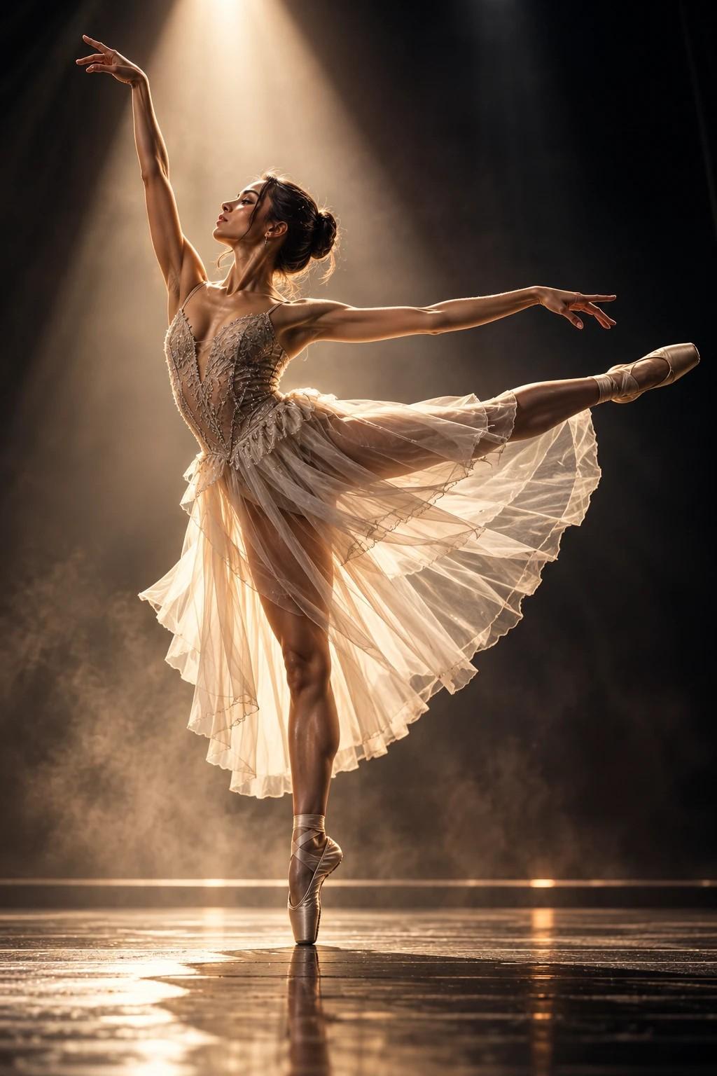 A ballet dancer in an arabesque in a single beam of stage light