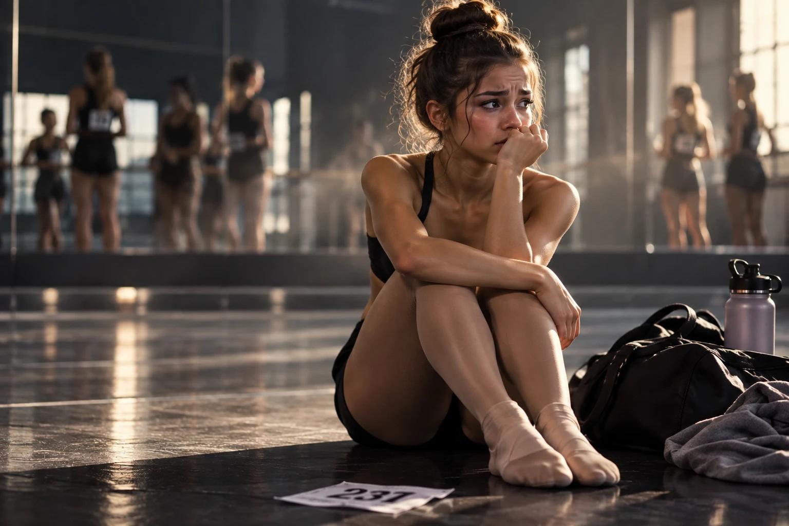 A dancer sitting on a studio floor after class, lost in thought