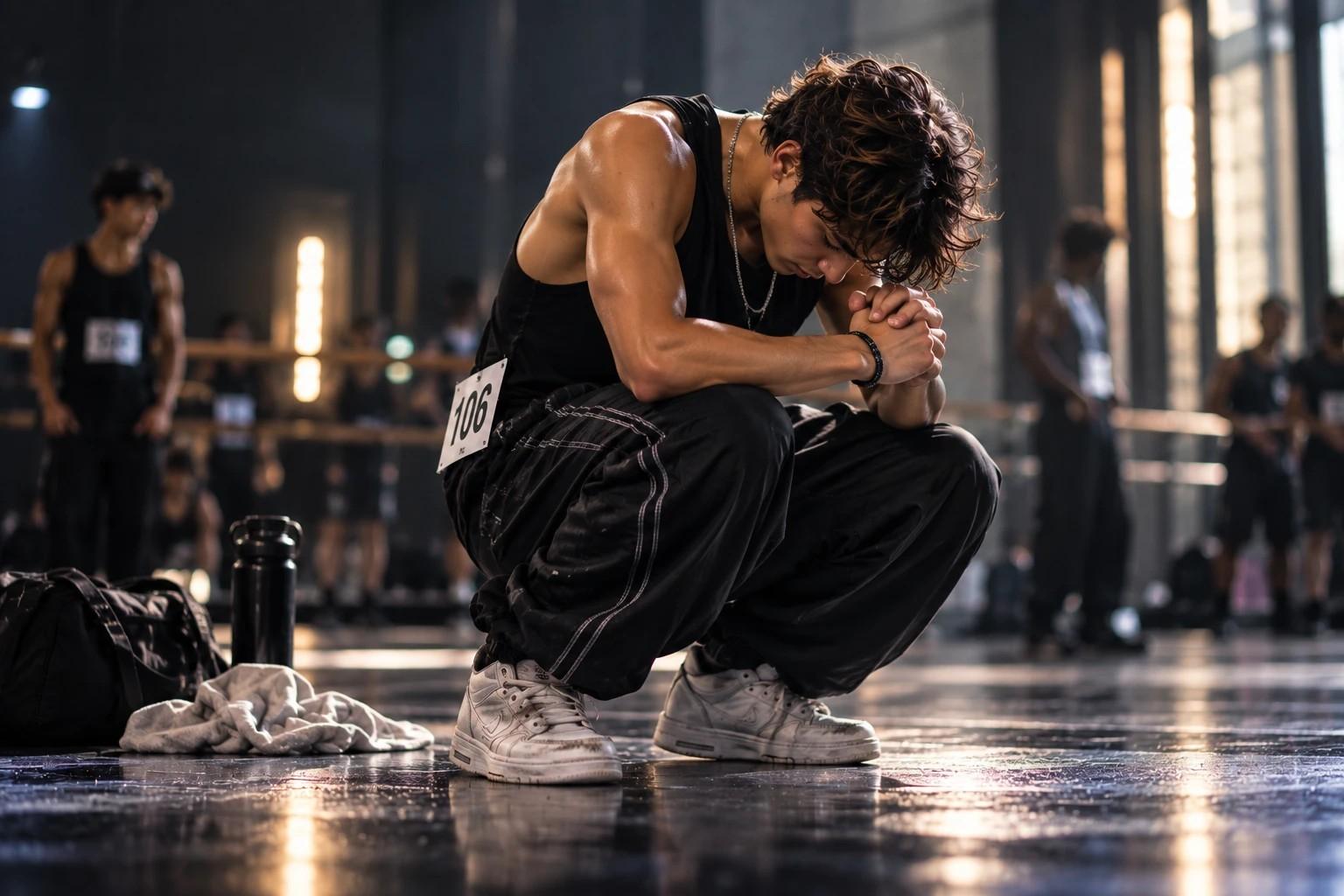 A dancer kneeling on the studio floor, head bowed, collecting himself