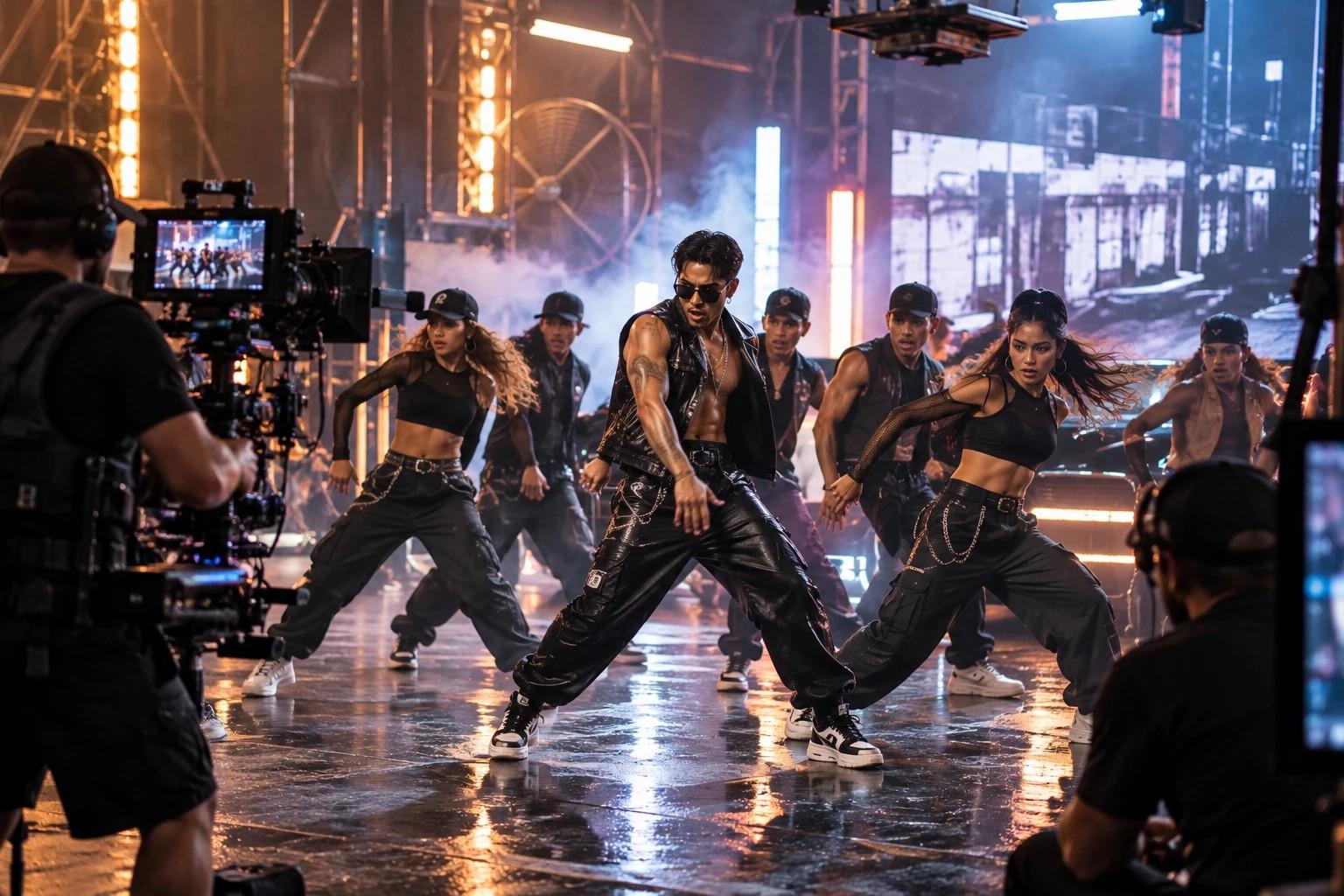 Dancers performing in front of film cameras on a professional set