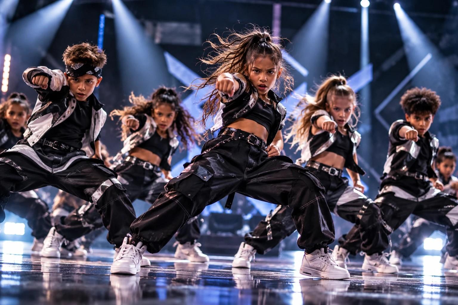 A competition dance team hitting a sharp group pose under stage lights