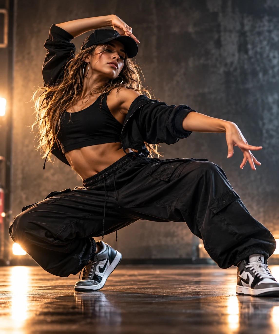 A dancer in a low, grounded hip-hop pose, smiling with confidence